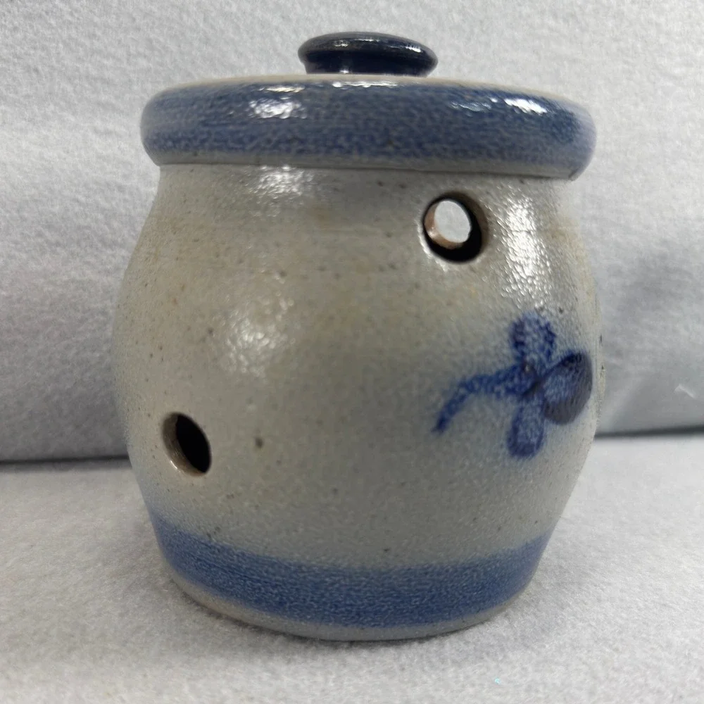 Vintage Rowe Pottery Works Garlic Keeper 1991 Grey Blue Salt Glaze Stoneware